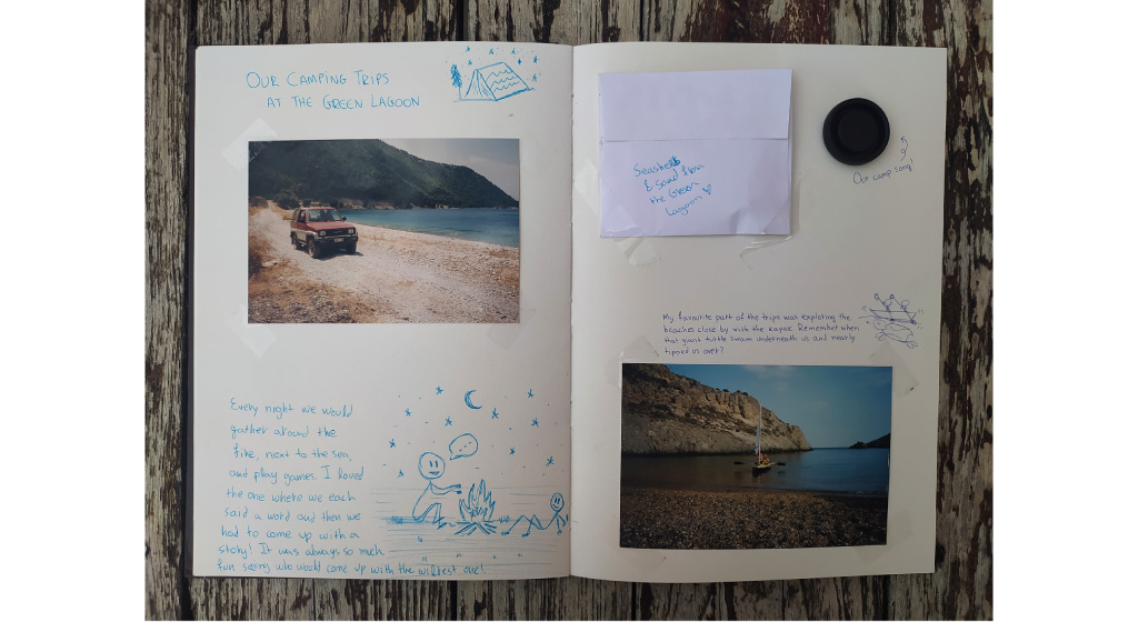 Memory book example with text, sketches, photos, objects and audio